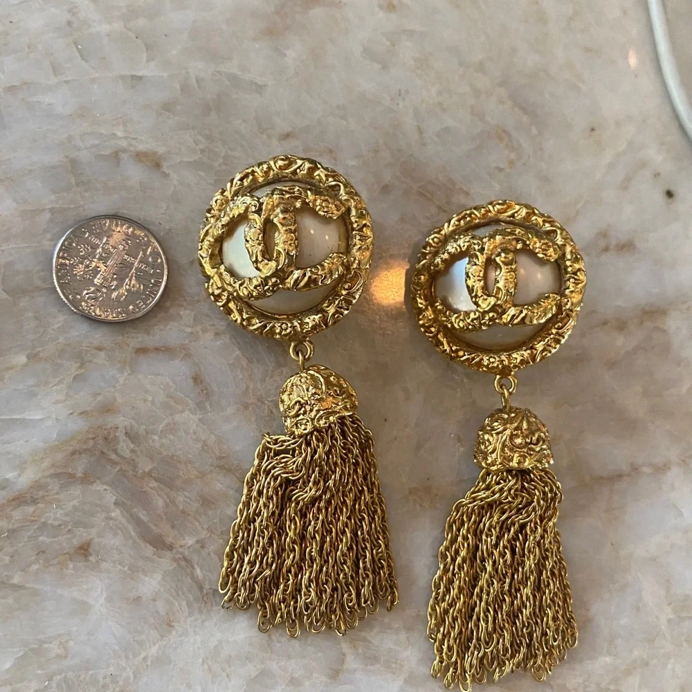 Chanel Faux Pearl Fringe Clip Earrings